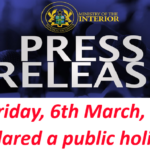 Friday 6th March declared public holiday