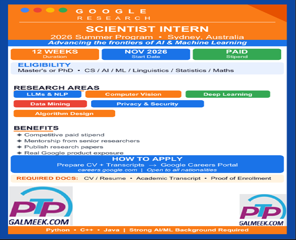 Google Research Scientist Intern 2026 Summer Internship Sydney Australia
