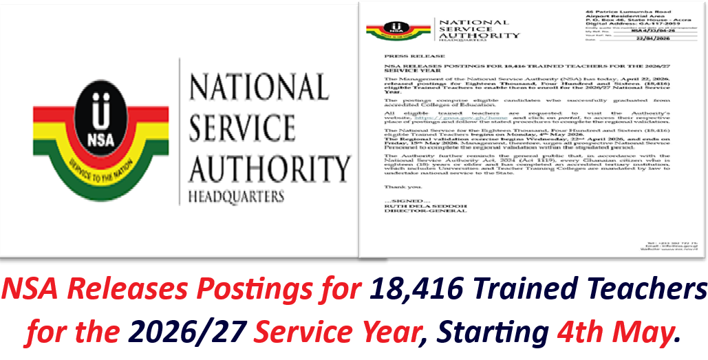 NSA Releases Postings for 18,416 Trained Teachers for the 2026/27 Service Year, Starting 4th May.