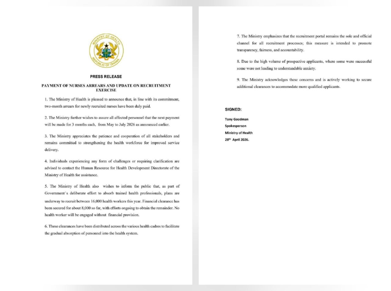 Ministry Of Health: Update Payment of Nurses’ Arrears and Recruitment Exercise.