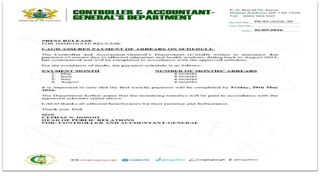 CAGD Assures Payment of Arrears to Education and Health Workers on Schedule.