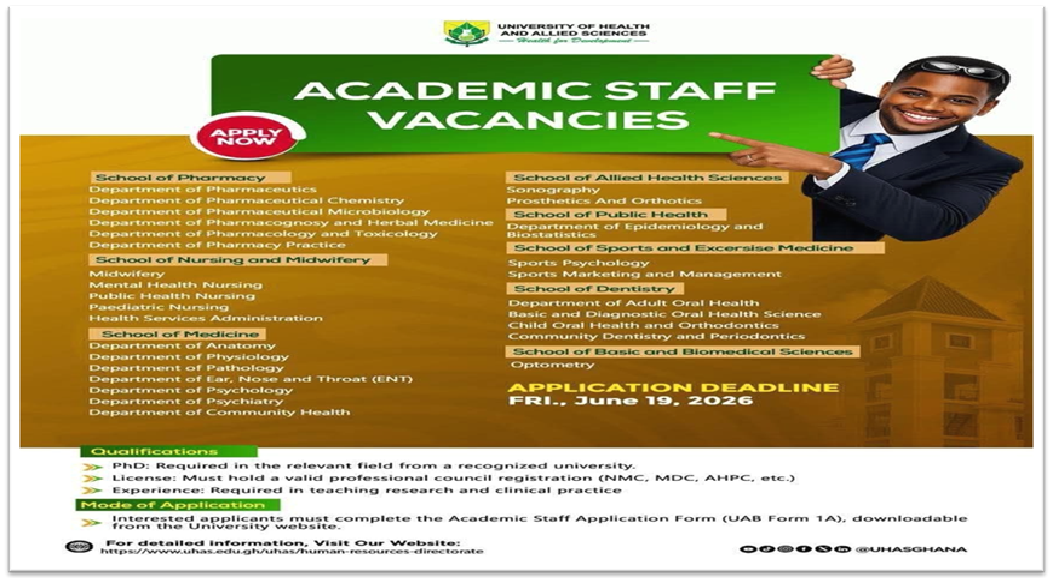 University of Health and Allied Sciences, Ho, Invites Applications for Academic Staff Appointments.