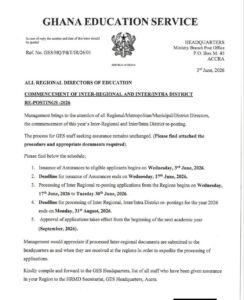 GES Begins 2026 Inter-Regional and Inter/Intra District Re-Postings of Staffs.