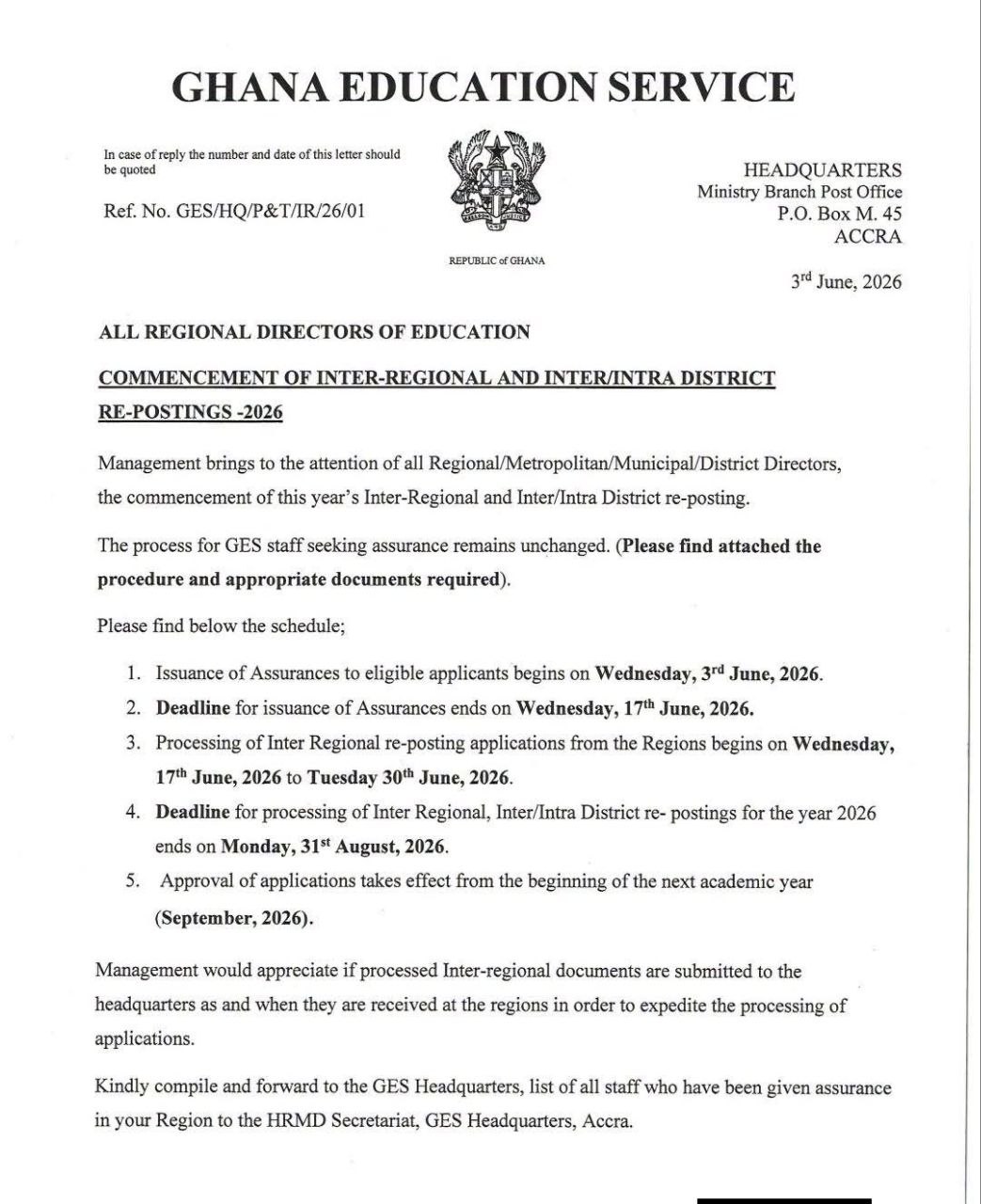 GES Begins 2026 Inter-Regional and Inter/Intra District Re-Postings of Staffs.