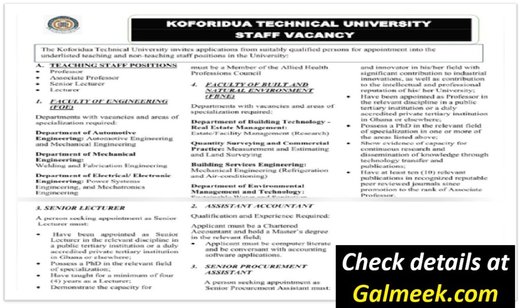 Recruitment2026: Koforidua Technical University (KTU) Invites Applications for Vacant Teaching and Non-Teaching Staff Positions.