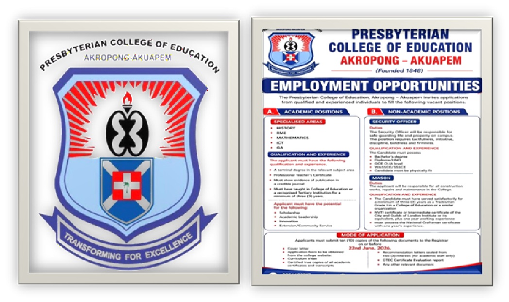Recruitment: Presbyterian College of Education, Akropong-Akuapem, Invites Applications for Vacant Academic and Non-Academic Positions.