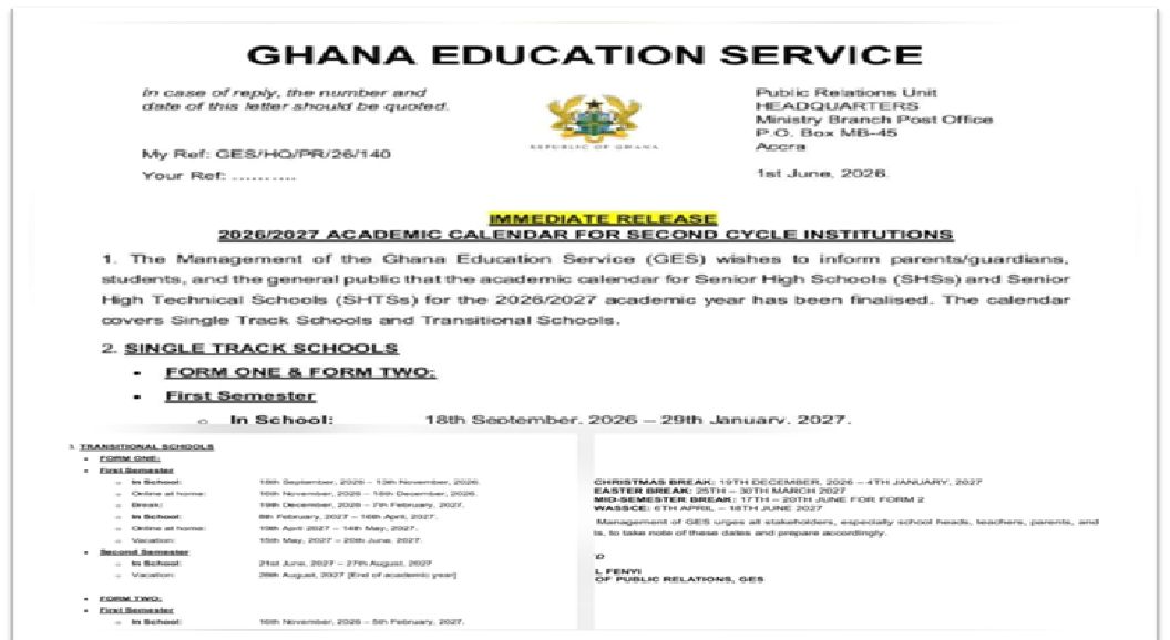 Ghana Education Service (GES) Releases 2026/2027 Academic Calendar for Second Cycle Institutions.