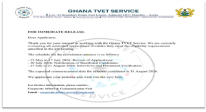 TVET 2026 Recruitment: Schedule for the Recruitment Process Review of Applications, Interviews, and Document Verification Date.