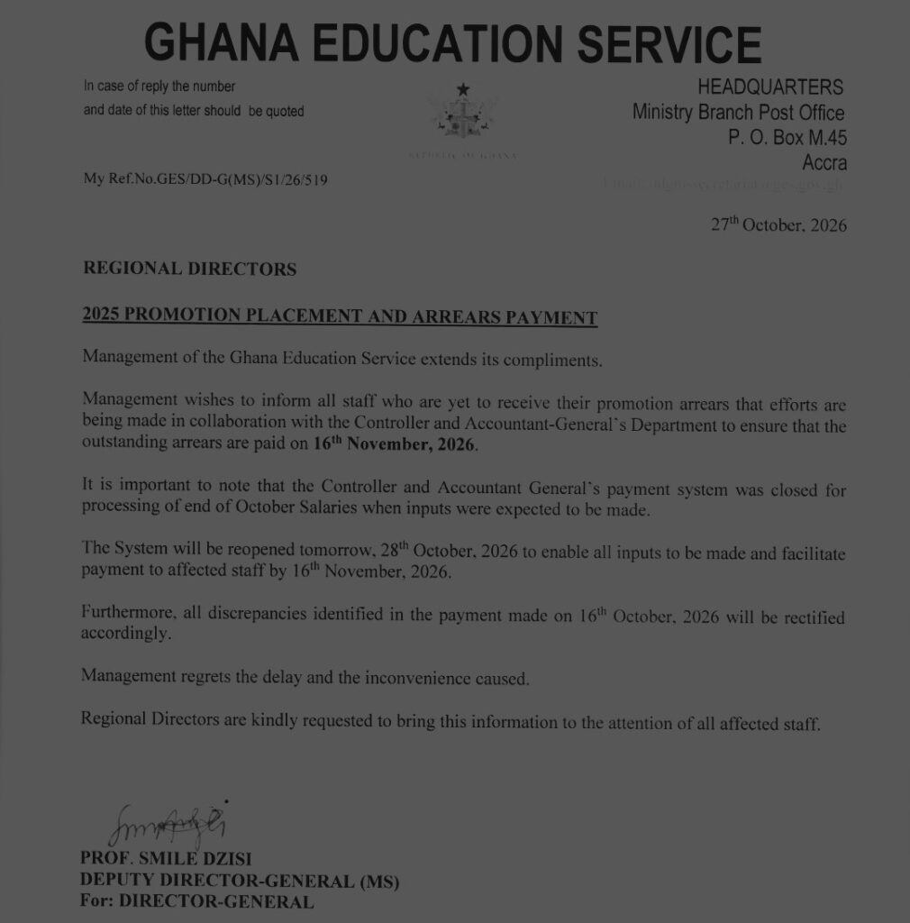 GES Announces November 16 for Payment of Outstanding Promotion Arrears to Affected Teachers
