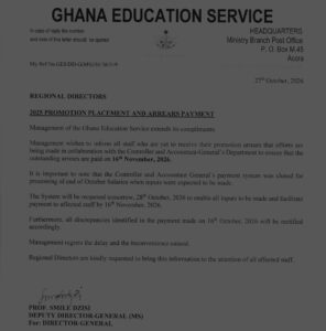 GES Announces November 16 for Payment of Outstanding Promotion Arrears to Affected Teachers