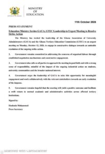 Education Ministry Invites GAUA and GTEC Leadership to Urgent Meeting to Resolve Strike Action.