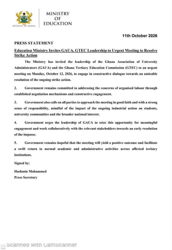 Education Ministry Invites GAUA and GTEC Leadership to Urgent Meeting to Resolve Strike Action.