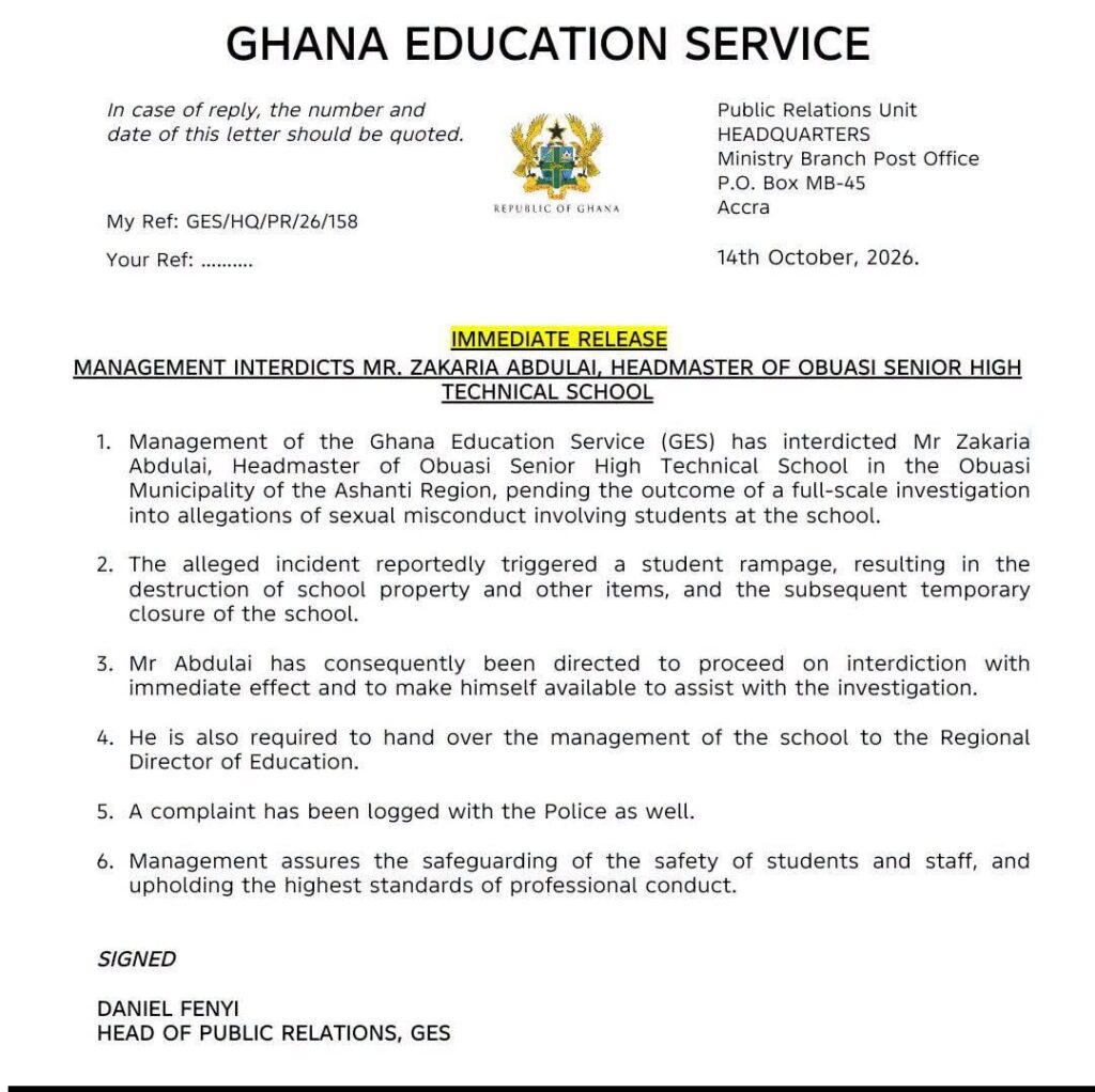 GES Interdicts Mr. Zakaria Abdulai, Headmaster of Obuasi Senior High Technical School.