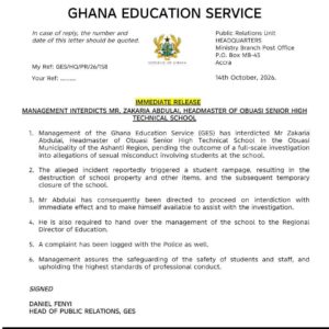 GES Interdicts Mr. Zakaria Abdulai, Headmaster of Obuasi Senior High Technical School.