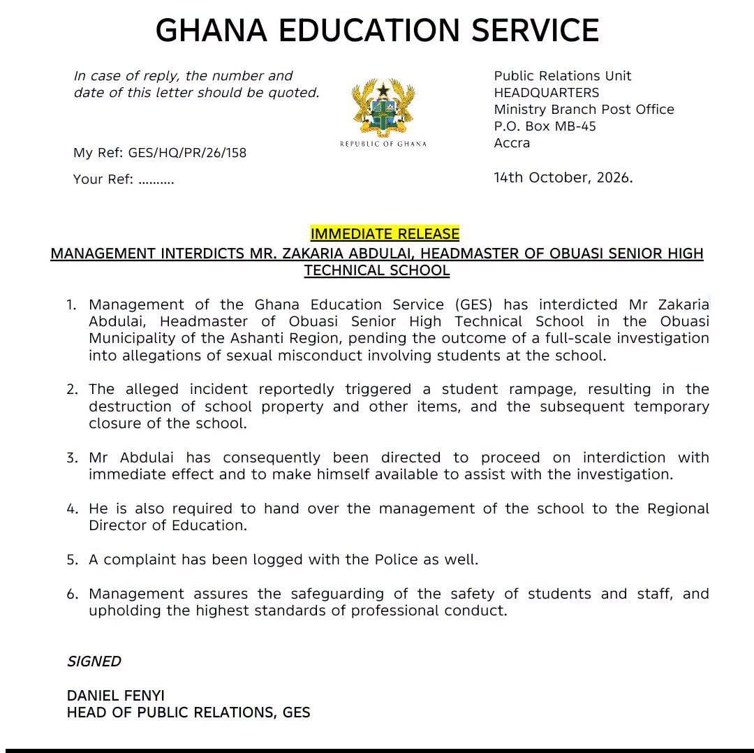 GES Interdicts Mr. Zakaria Abdulai, Headmaster of Obuasi Senior High Technical School.