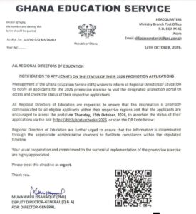 Management of the Ghana Education Service (GES) Directs 2026 Promotion Applicants to Verify Their Application Status.