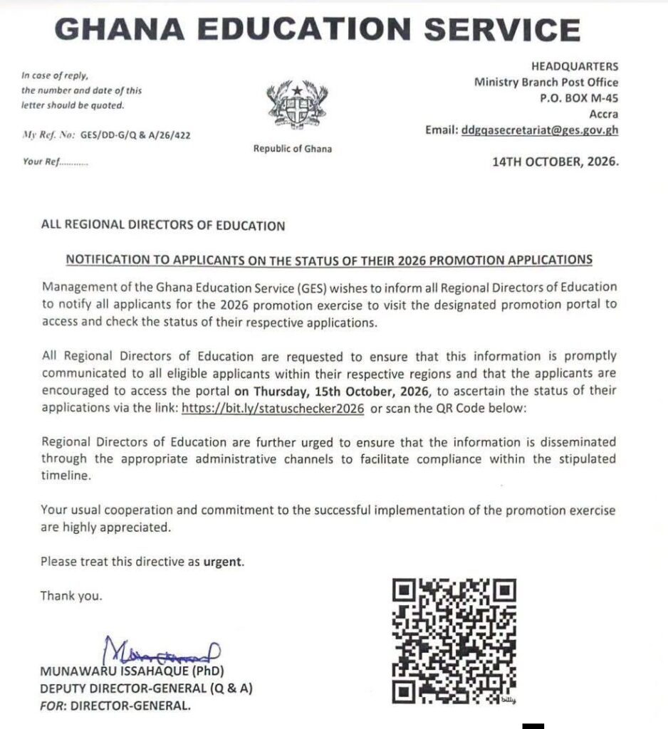 Management of the Ghana Education Service (GES) Directs 2026 Promotion Applicants to Verify Their Application Status.
