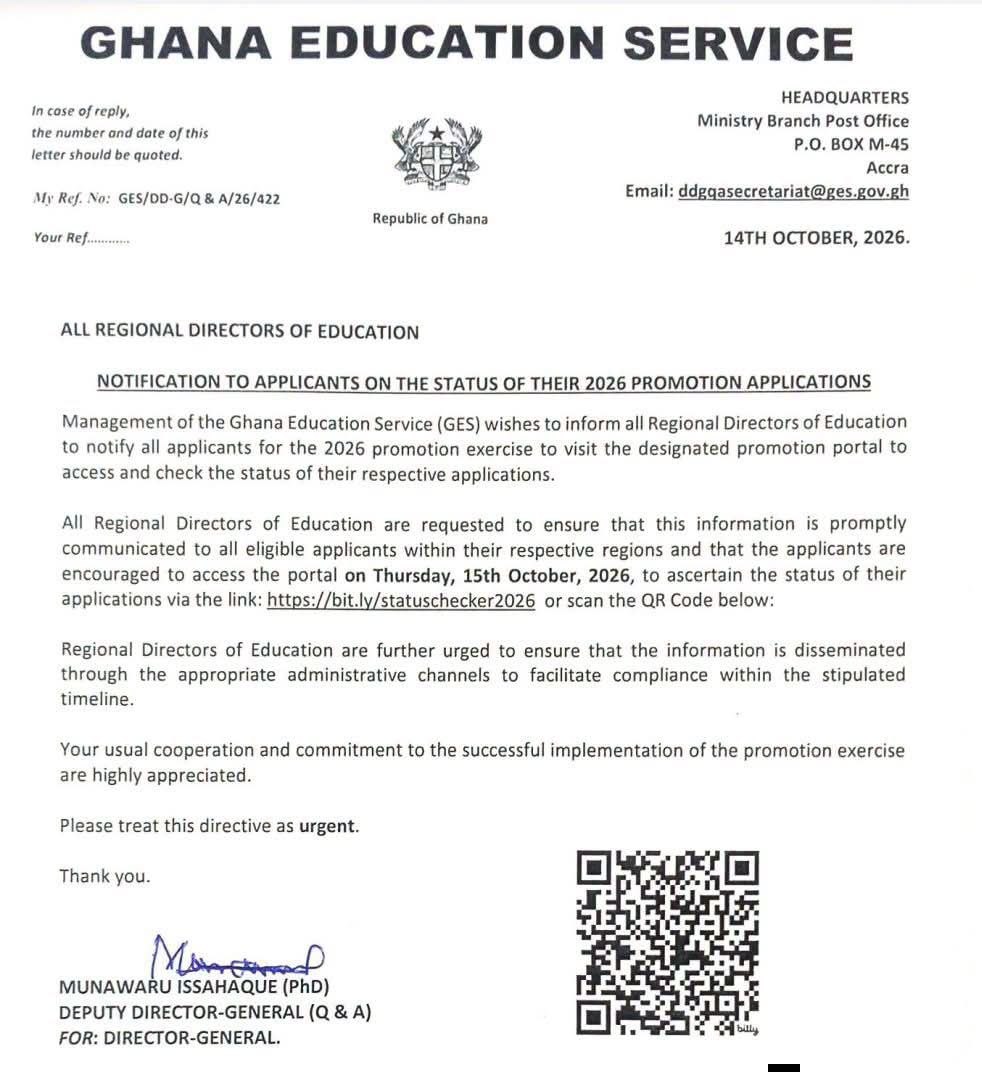 Management of the Ghana Education Service (GES) Directs 2026 Promotion Applicants to Verify Their Application Status.