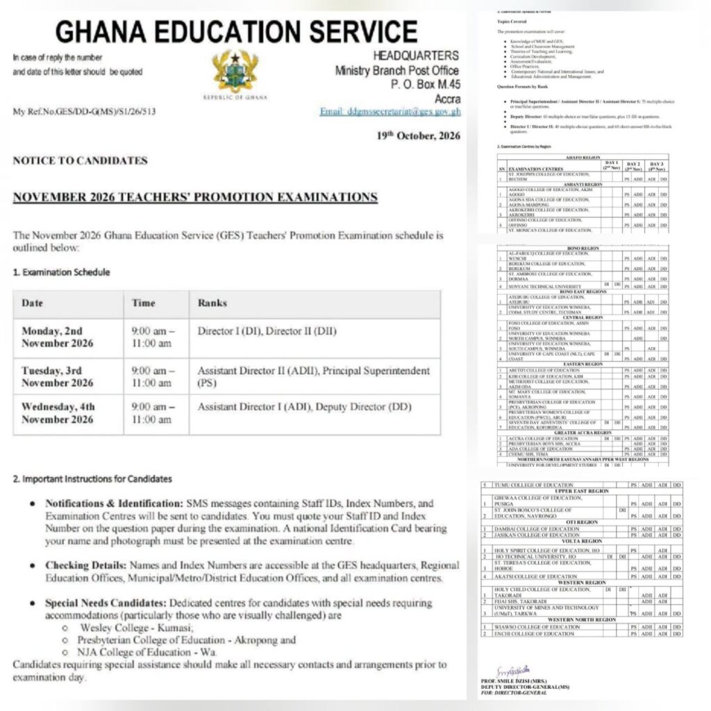 Teachers’ Promotion Examination 2026: GES Releases Examination Timetable, Question Format for Each Rank, Areas of Assessment, and Examination Centres.