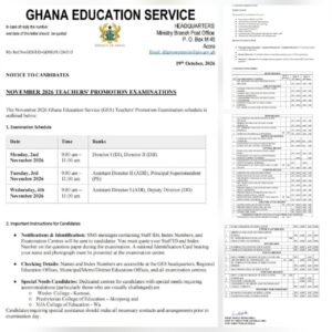 Teachers’ Promotion Examination 2026: GES Releases Examination Timetable, Question Format for Each Rank, Areas of Assessment, and Examination Centres.