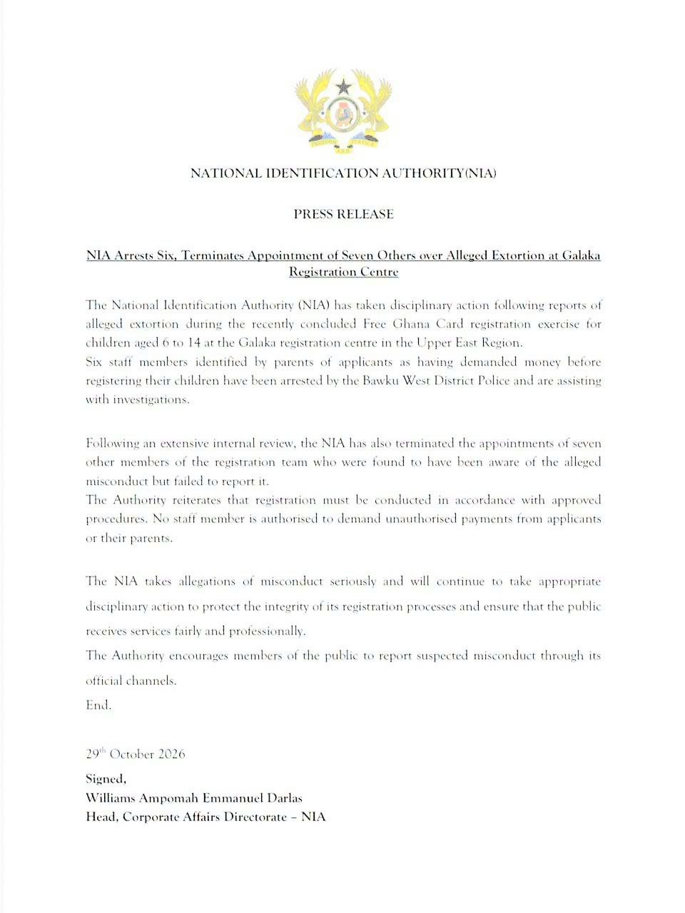 NIA Arrests Six Staff, Dismisses Seven Over Alleged Ghana Card Extortion.